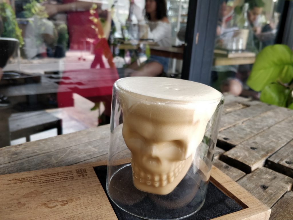 Ristr8to iced mocha in the skull cup in Chiang Mai, Thailand.